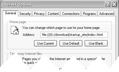 Internet Options specifying Startup page in Internet Explorer